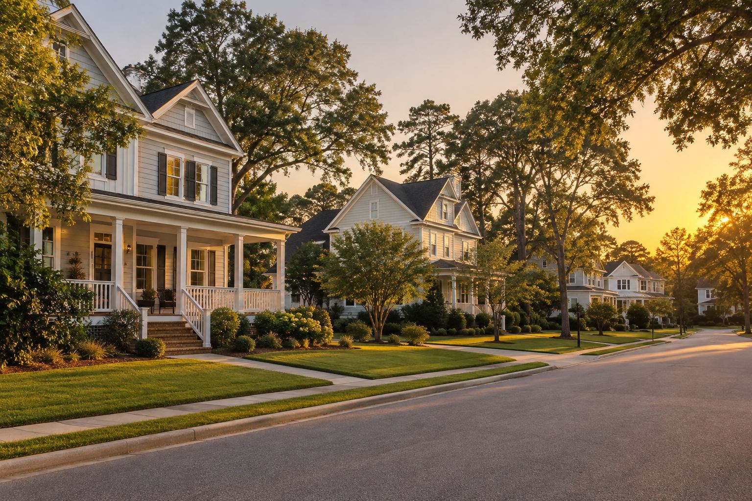 A coastal Virginia Beach, Virginia neighborhood street at golden hour, illustrative