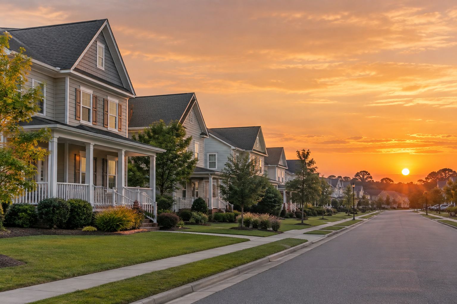 A Hampton Roads Virginia street at sunset, illustrative