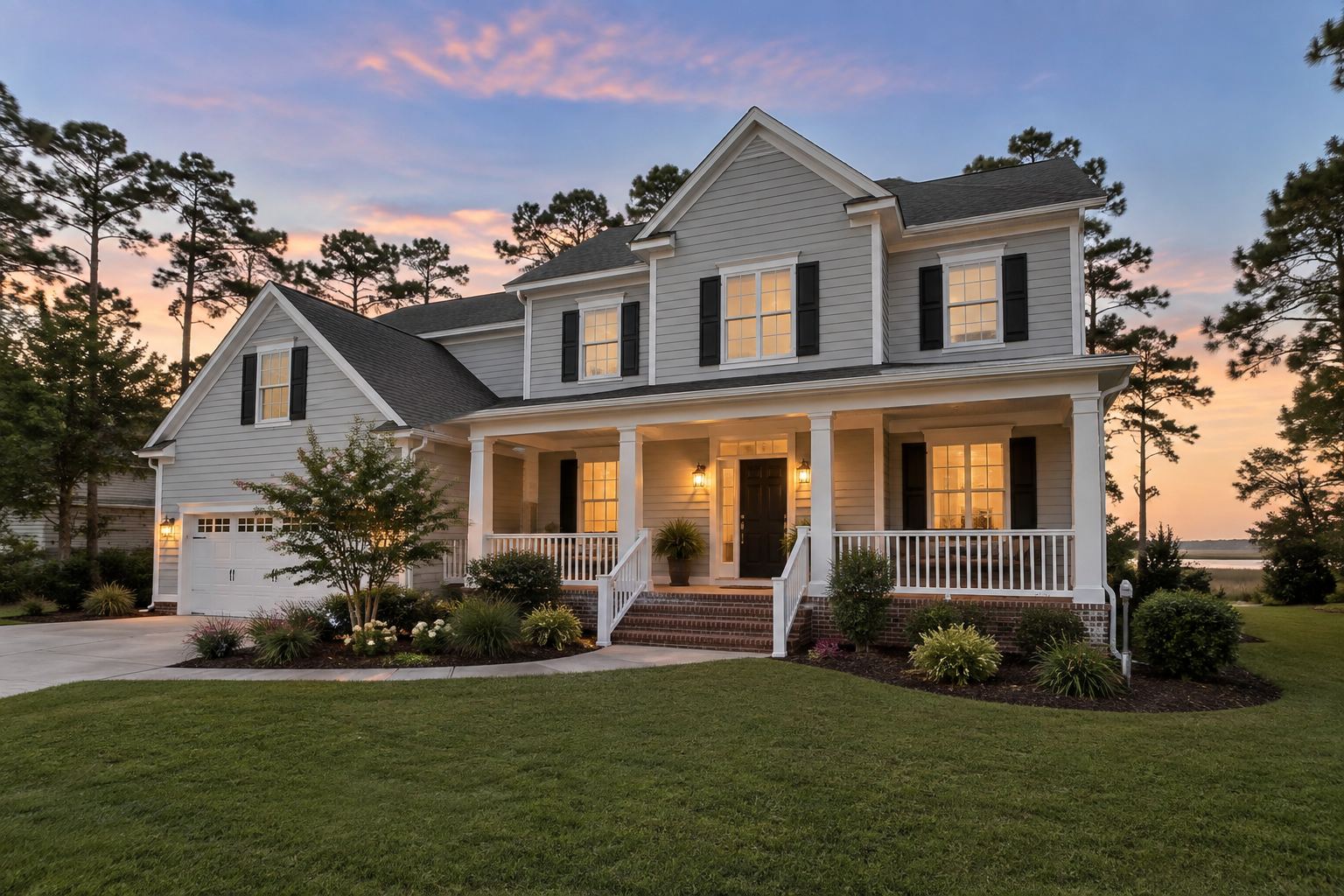 A Hampton Roads Virginia home exterior at dusk, illustrative