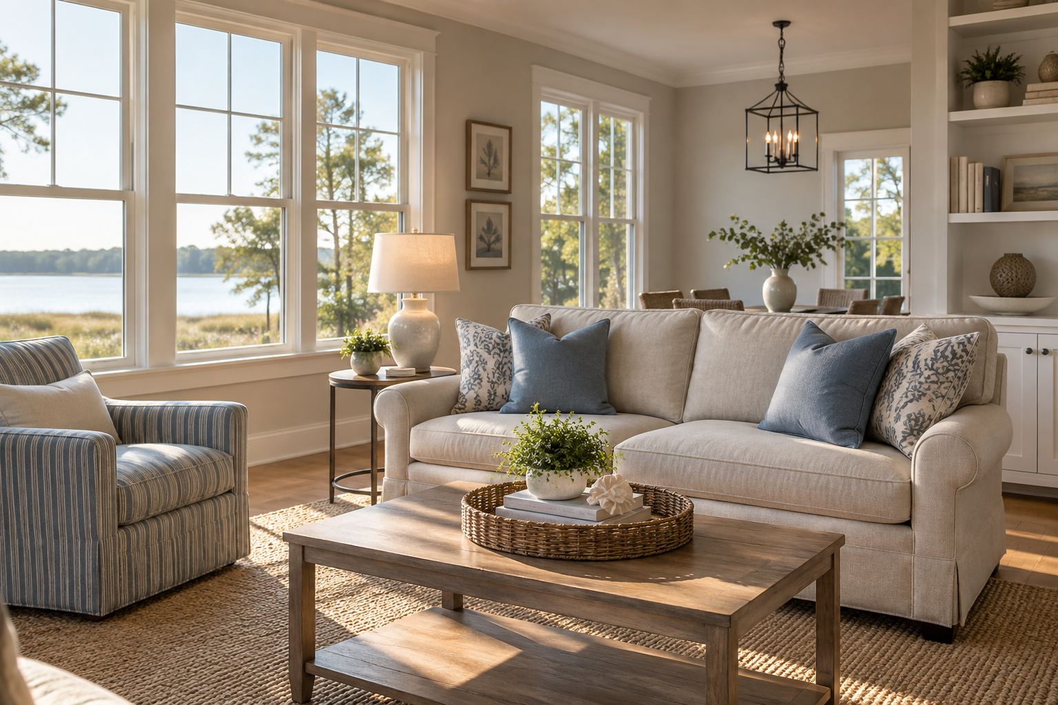 A cozy Virginia living room, illustrative